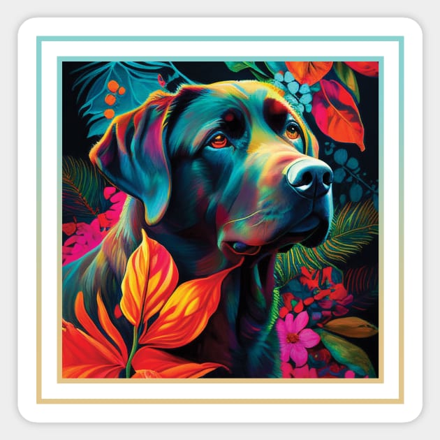 Snacky Labrador Retriever Floral Tropical Digital Oil Painting Portrait Sticker by ArtHouseFlunky